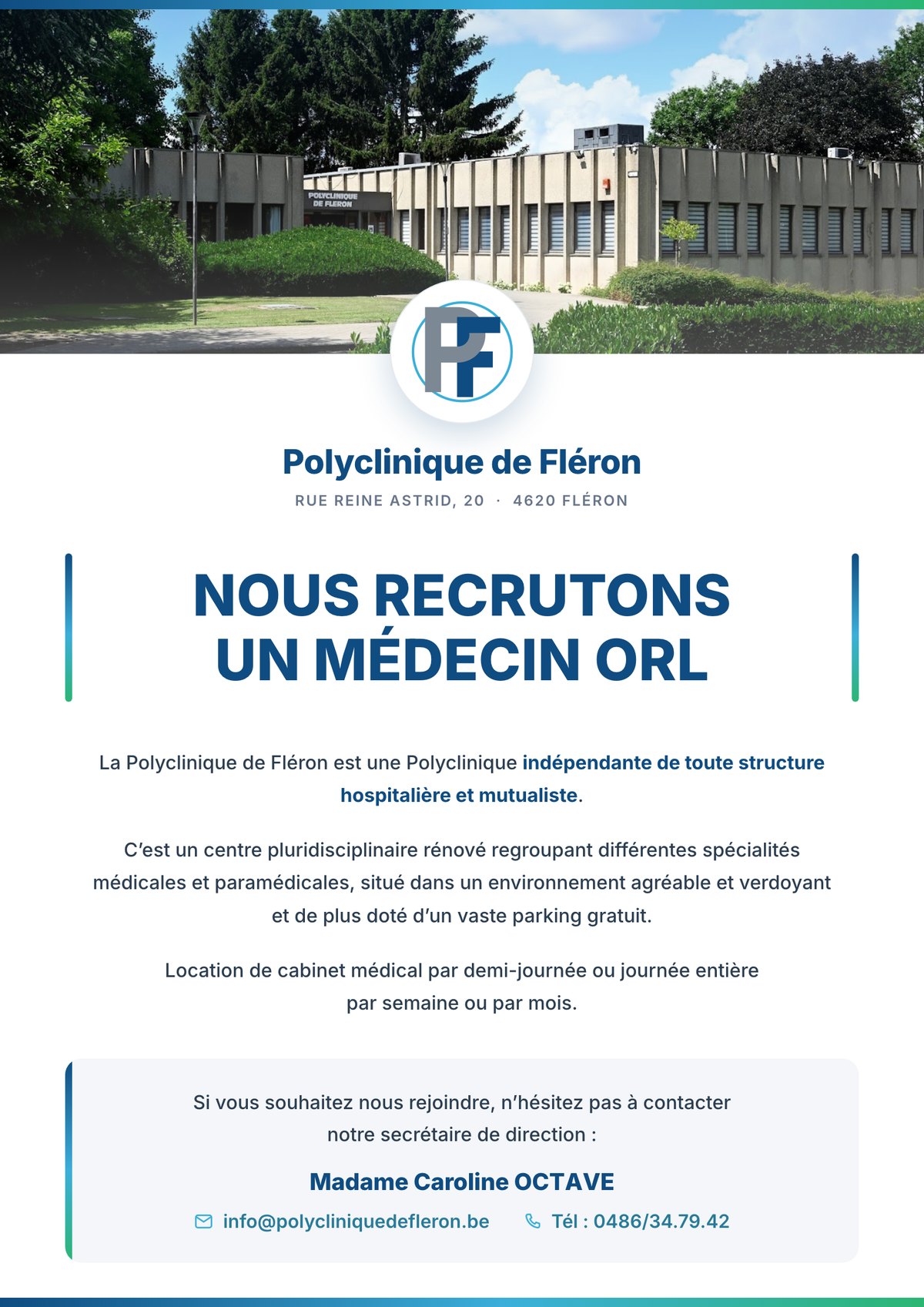 Affiche de recrutement de la Polyclinique de Fléron : nous recrutons un médecin ORL